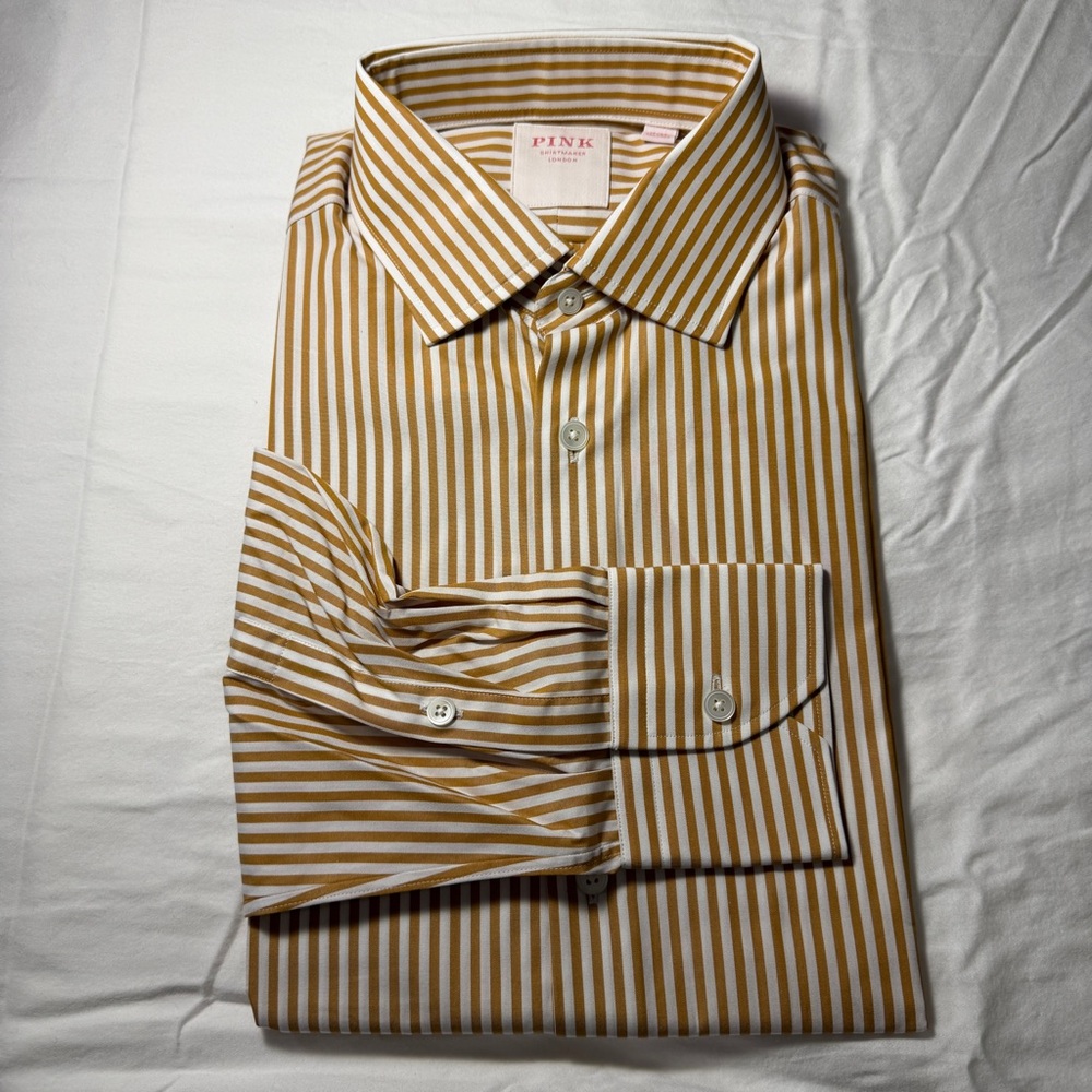 Thomas Pink Men's Button Down Dress Shirt w/ Golden Brown & White Stripes Sz 15